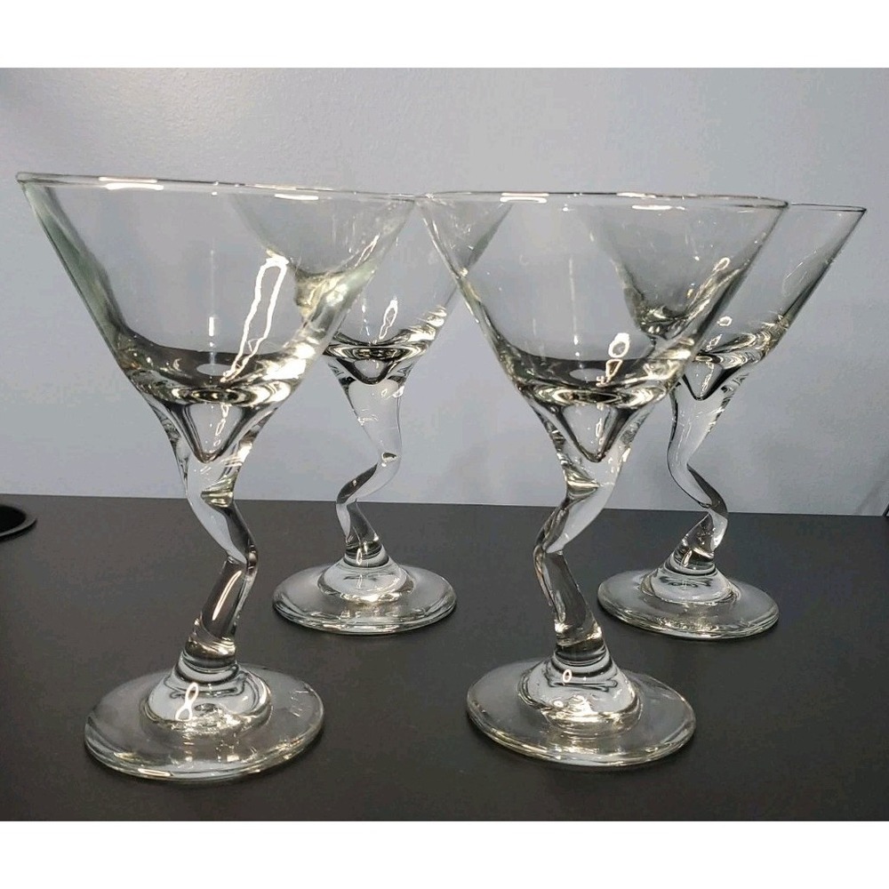 Vtg Set Of Four Clear Martini Glasses W/ Zigzag Stem